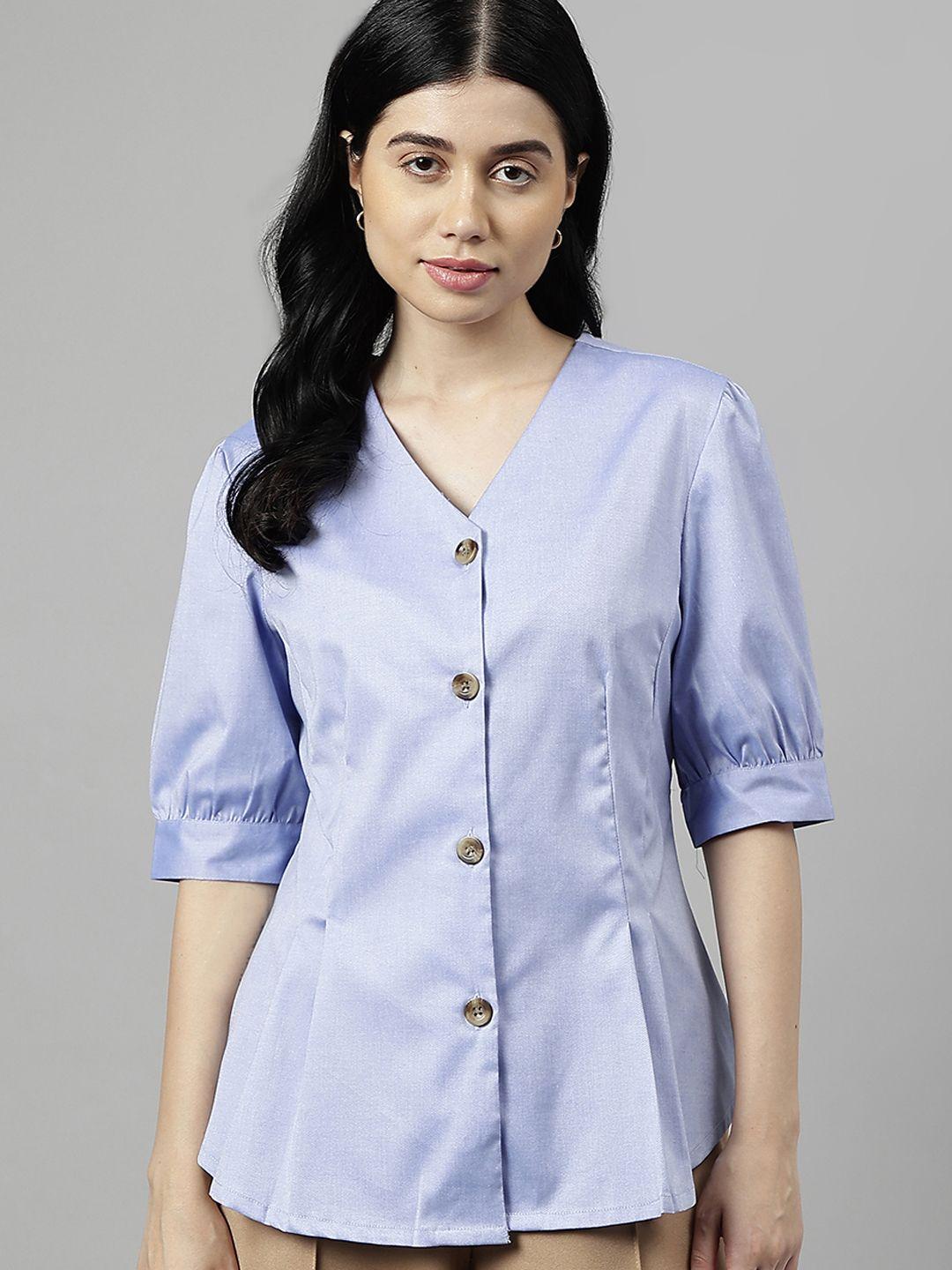 hancock standard chambray v-neck pure cotton pleated detail shirt