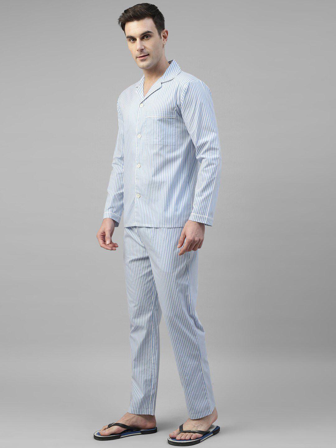 hancock striped lapel collar long sleeves cotton relaxed fit night suit 28032white-blue