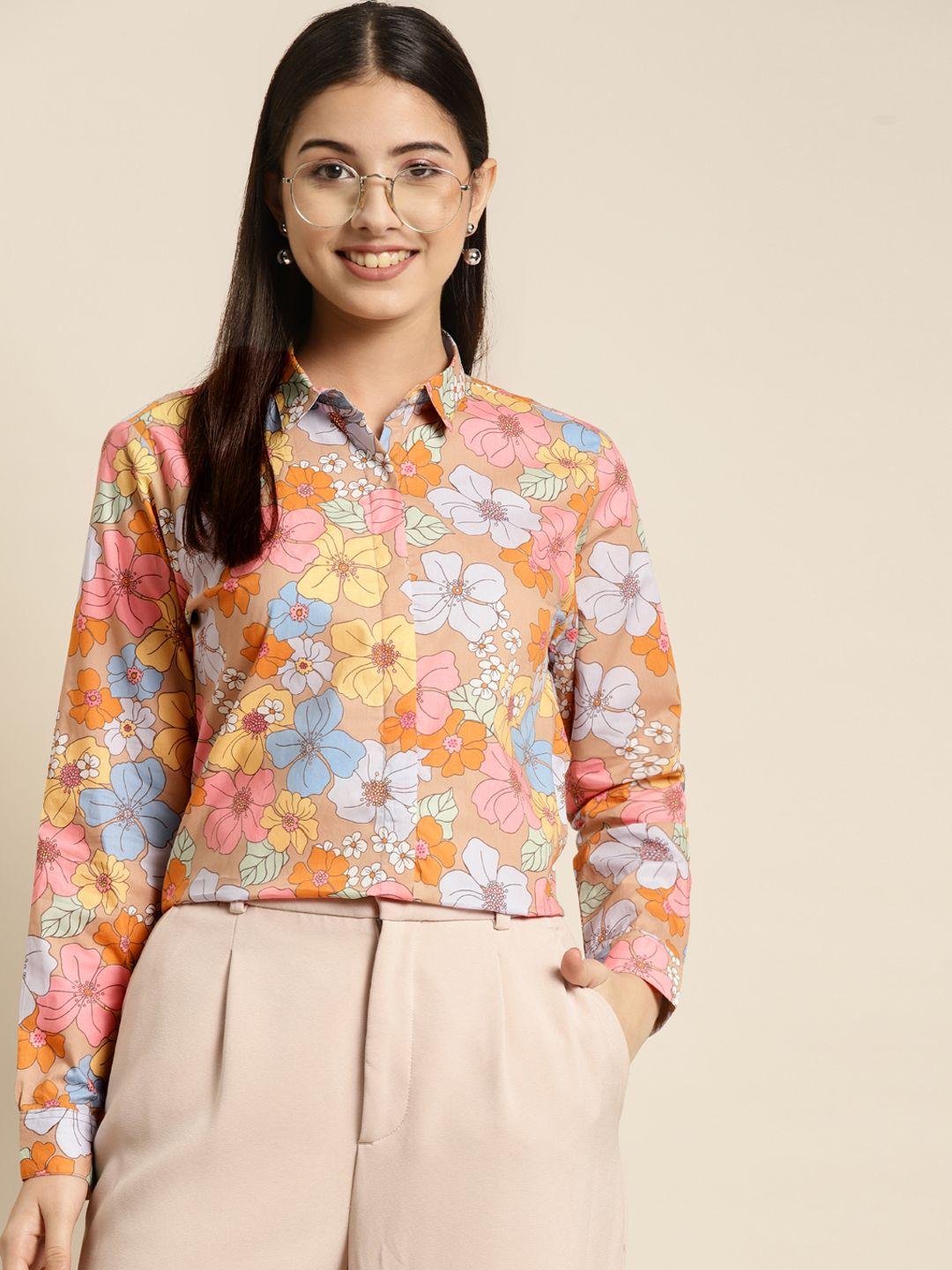 hancock women beige regular fit floral printed cotton formal shirt