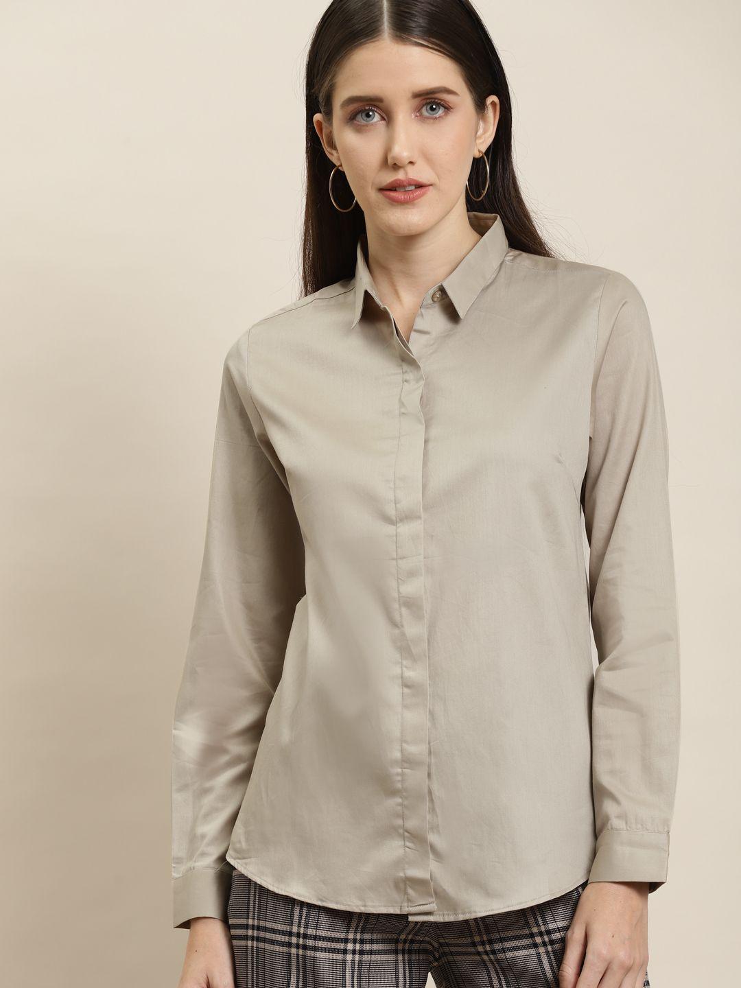 hancock women beige solid slim fit pure cotton satin formal shirt