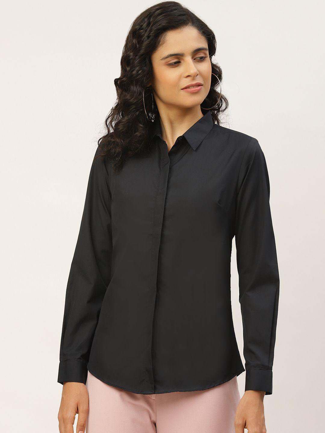 hancock women black slim fit solid formal shirt