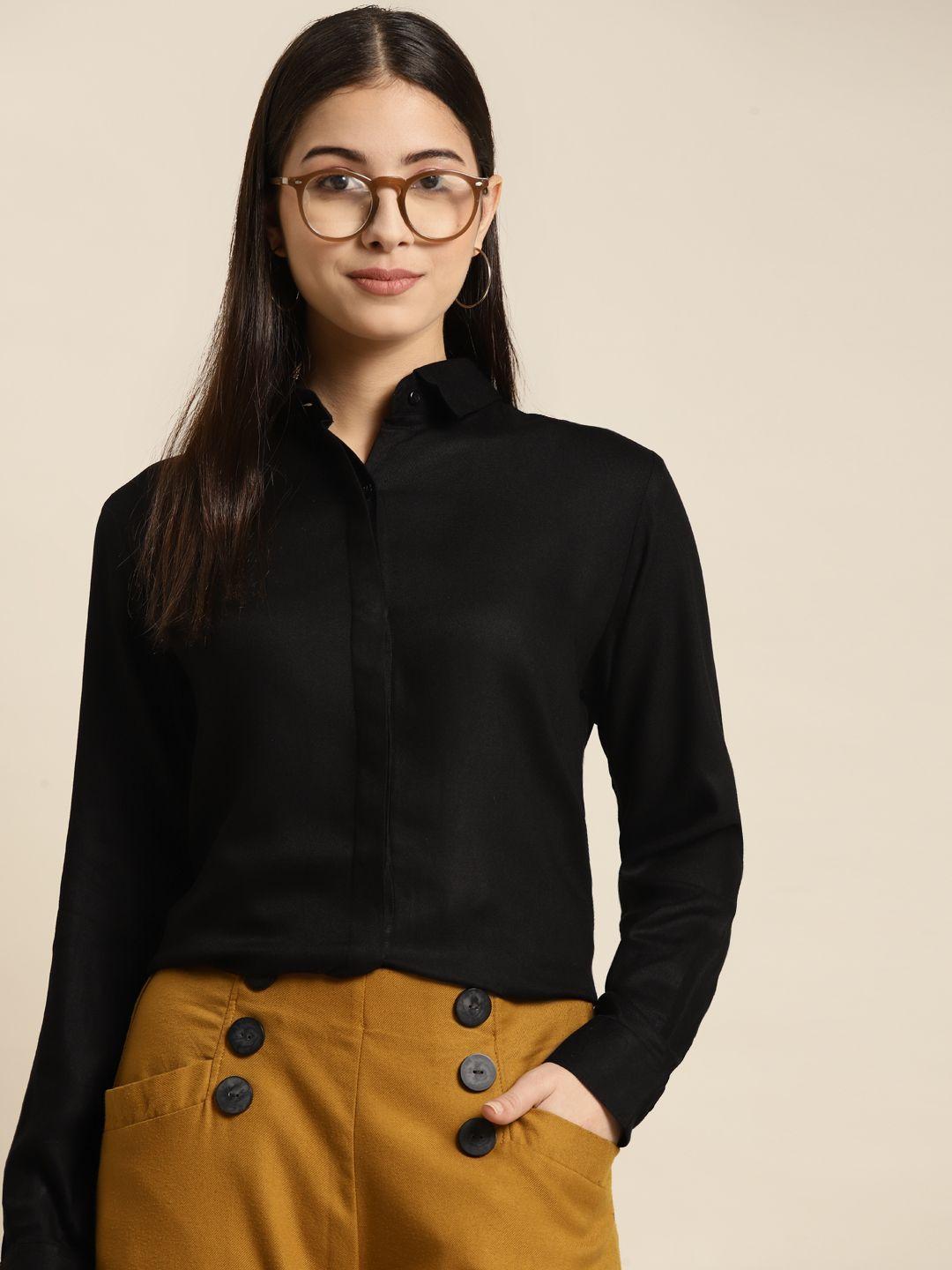 hancock women black solid regular fit formal shirt