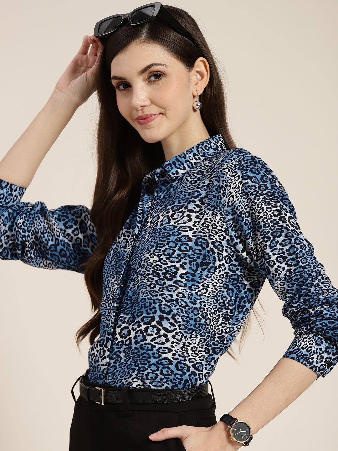 hancock women blue & black regular fit leopard printed formal shirt