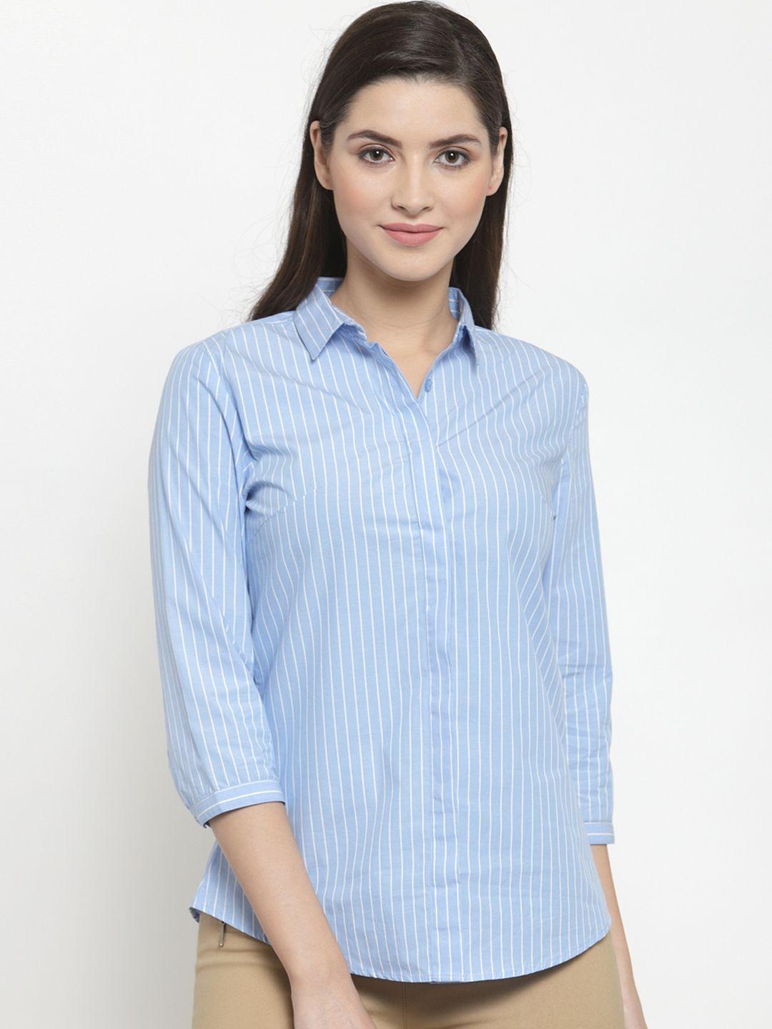 hancock women blue & white striped slim fit pure cotton formal shirt