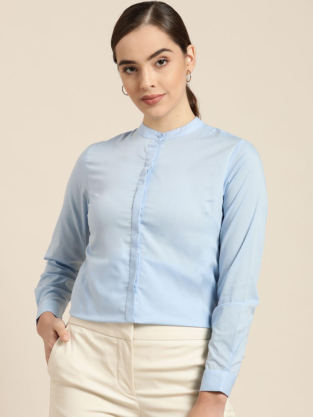 hancock women blue cotton solid slim fit formal shirt