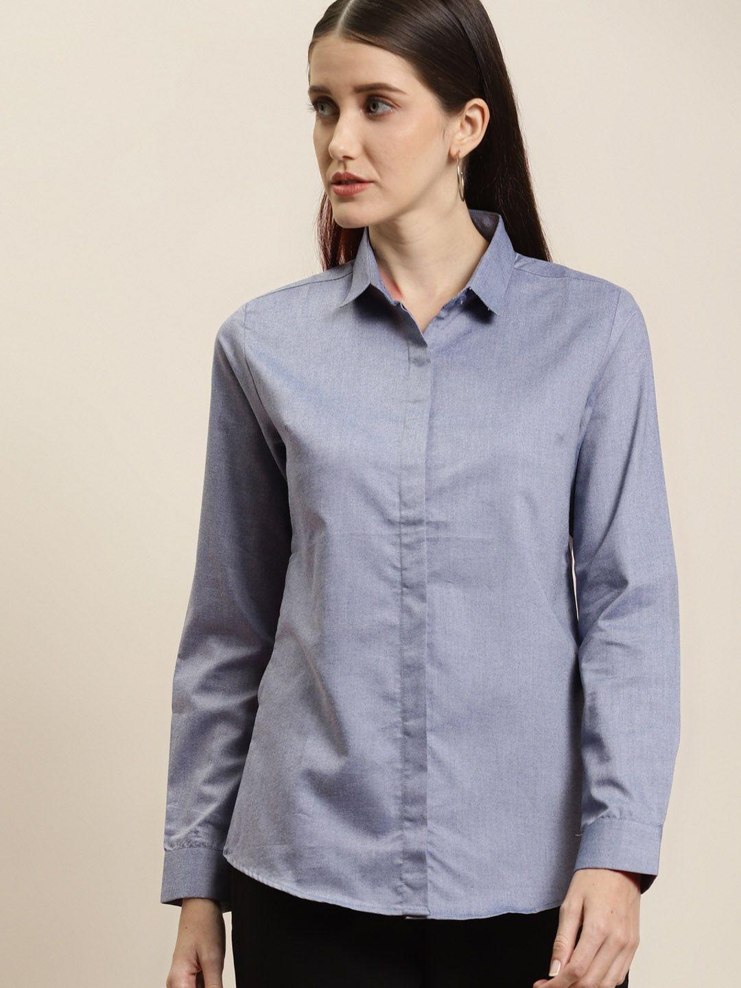 hancock women blue solid oxford slim fit formal shirt