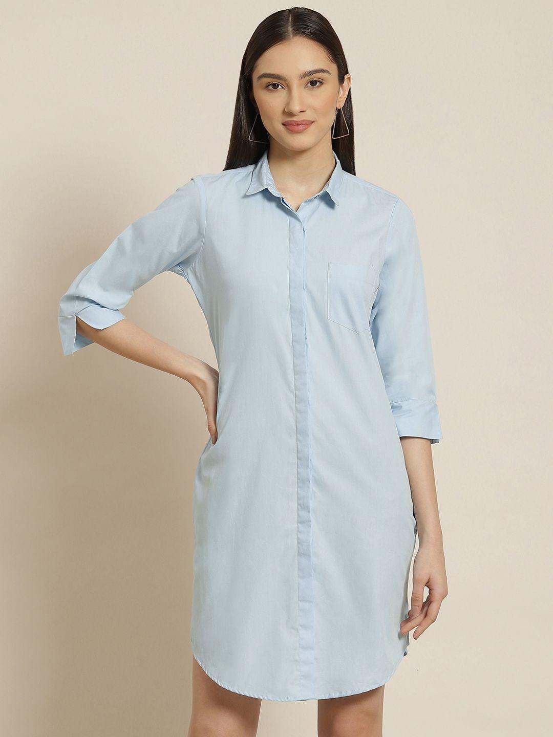 hancock women blue solid pure cotton formal shirt dress