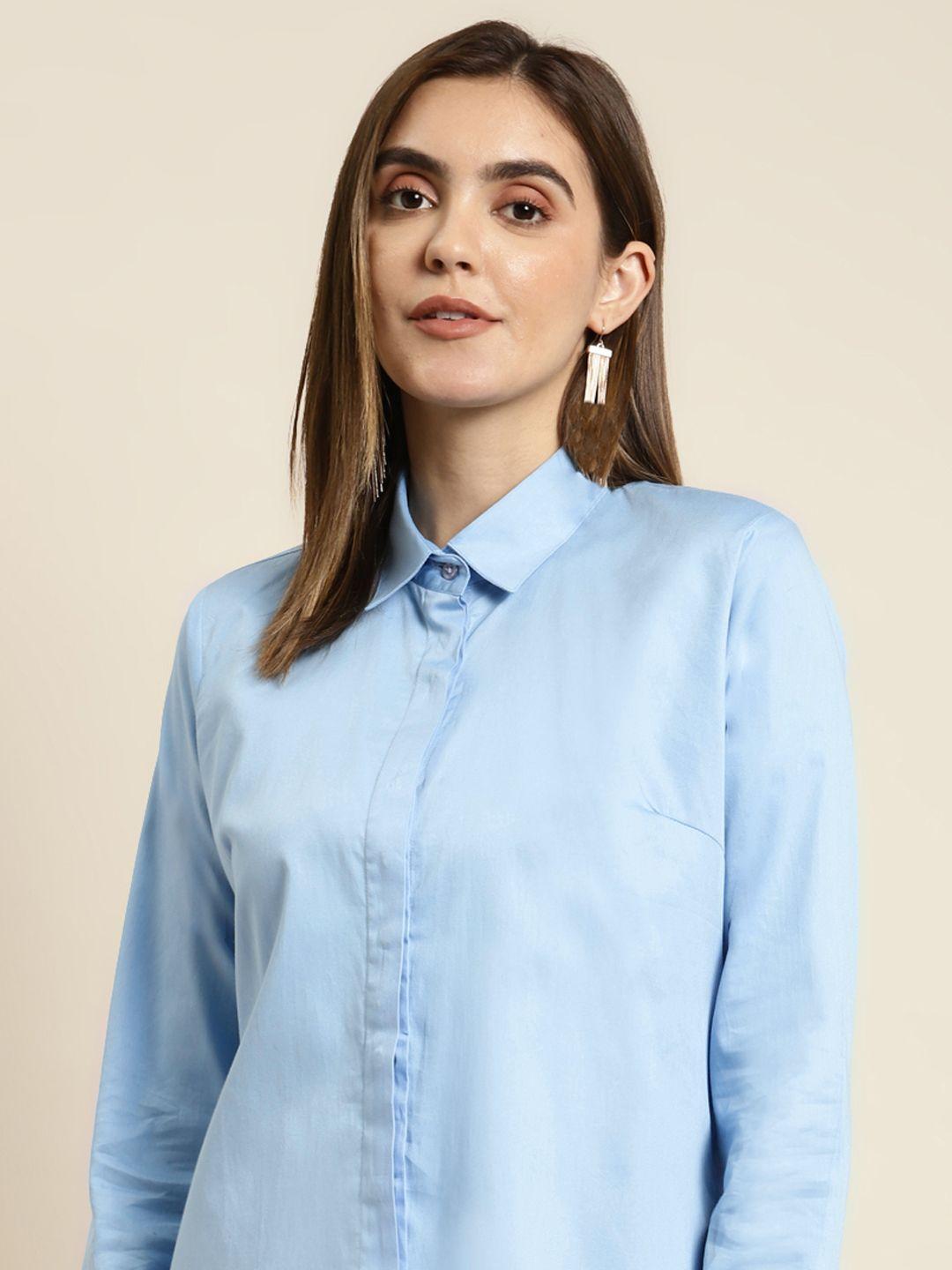 hancock women blue solid pure cotton satin regular fit formal shirt