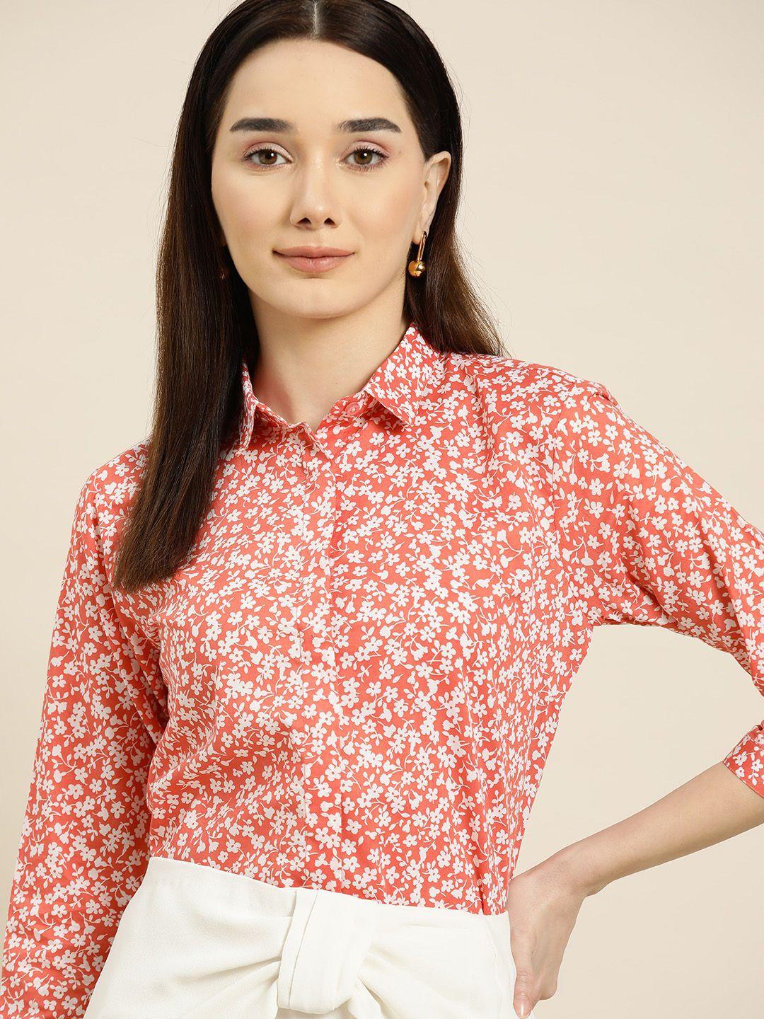 hancock women coral standard slim fit floral printed pure cotton formal shirt