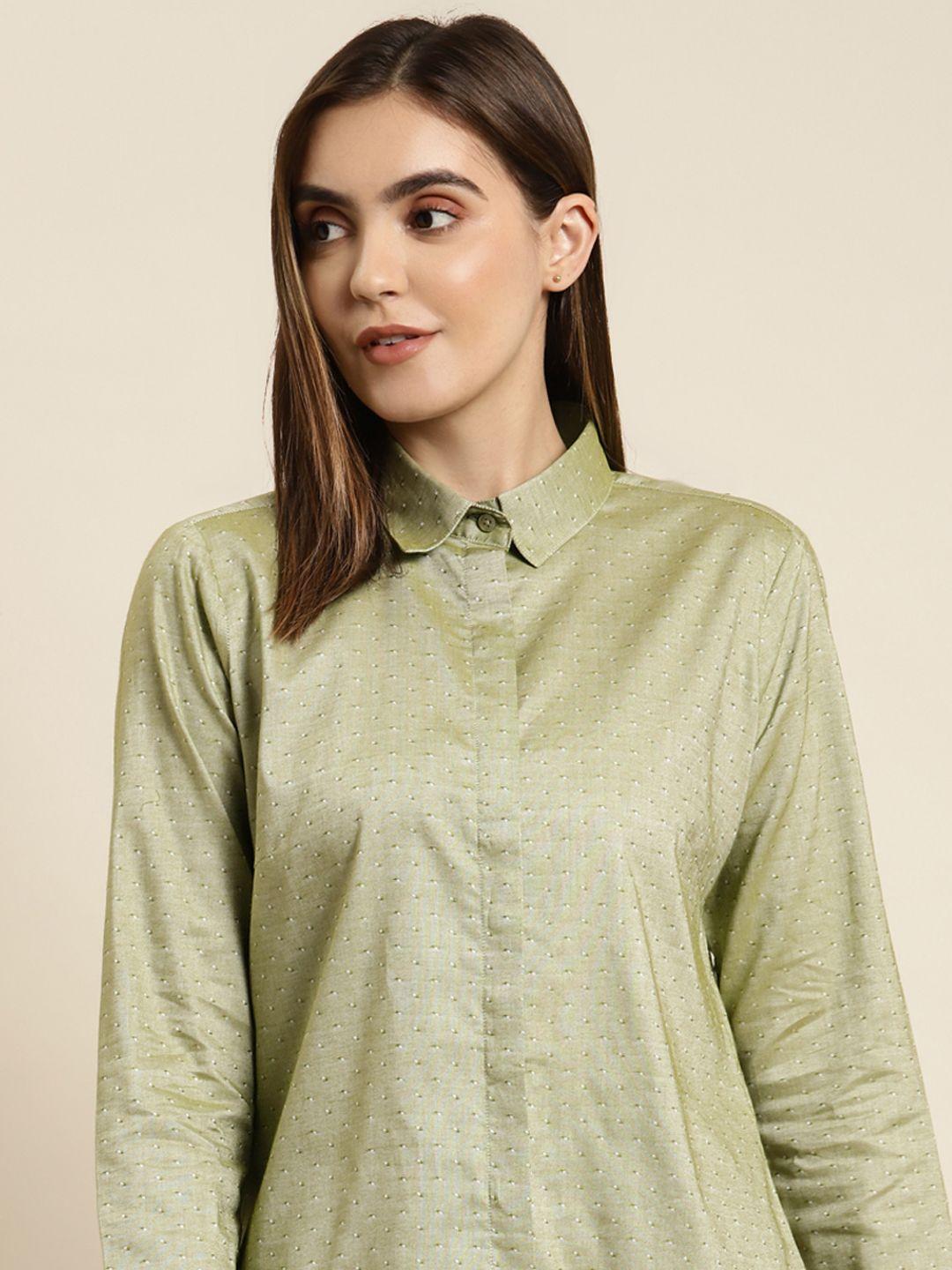 hancock women green self design oxford chambray pure cotton regular fit formal shirt