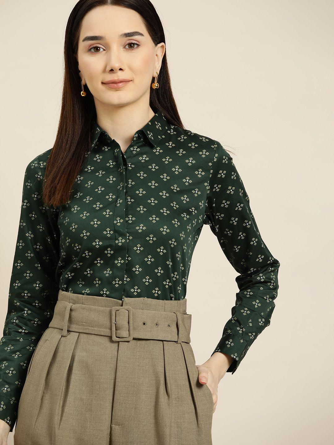hancock women green standard slim fit printed pure cotton formal shirt