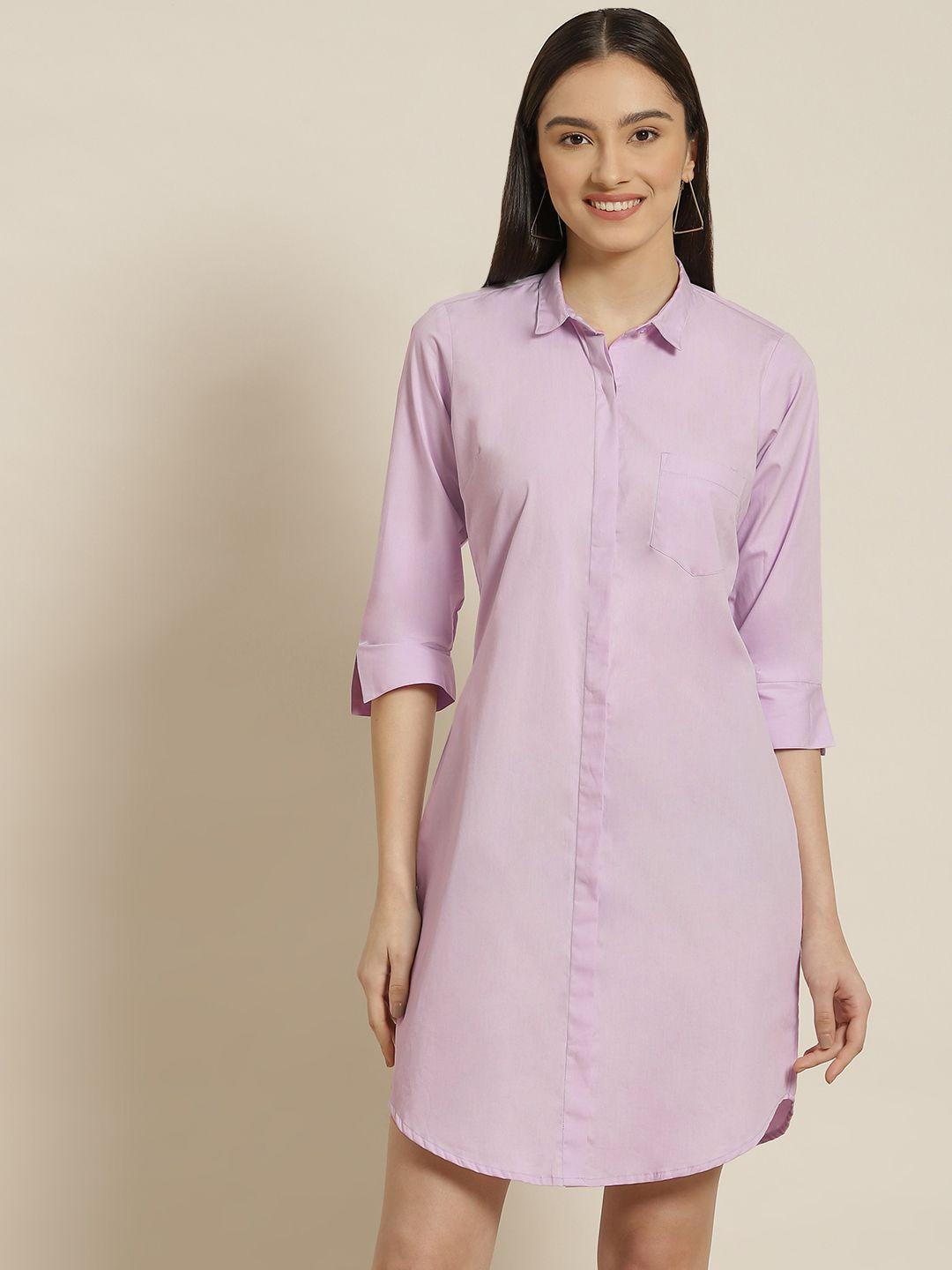 hancock women lavender solid pure cotton formal shirt dress