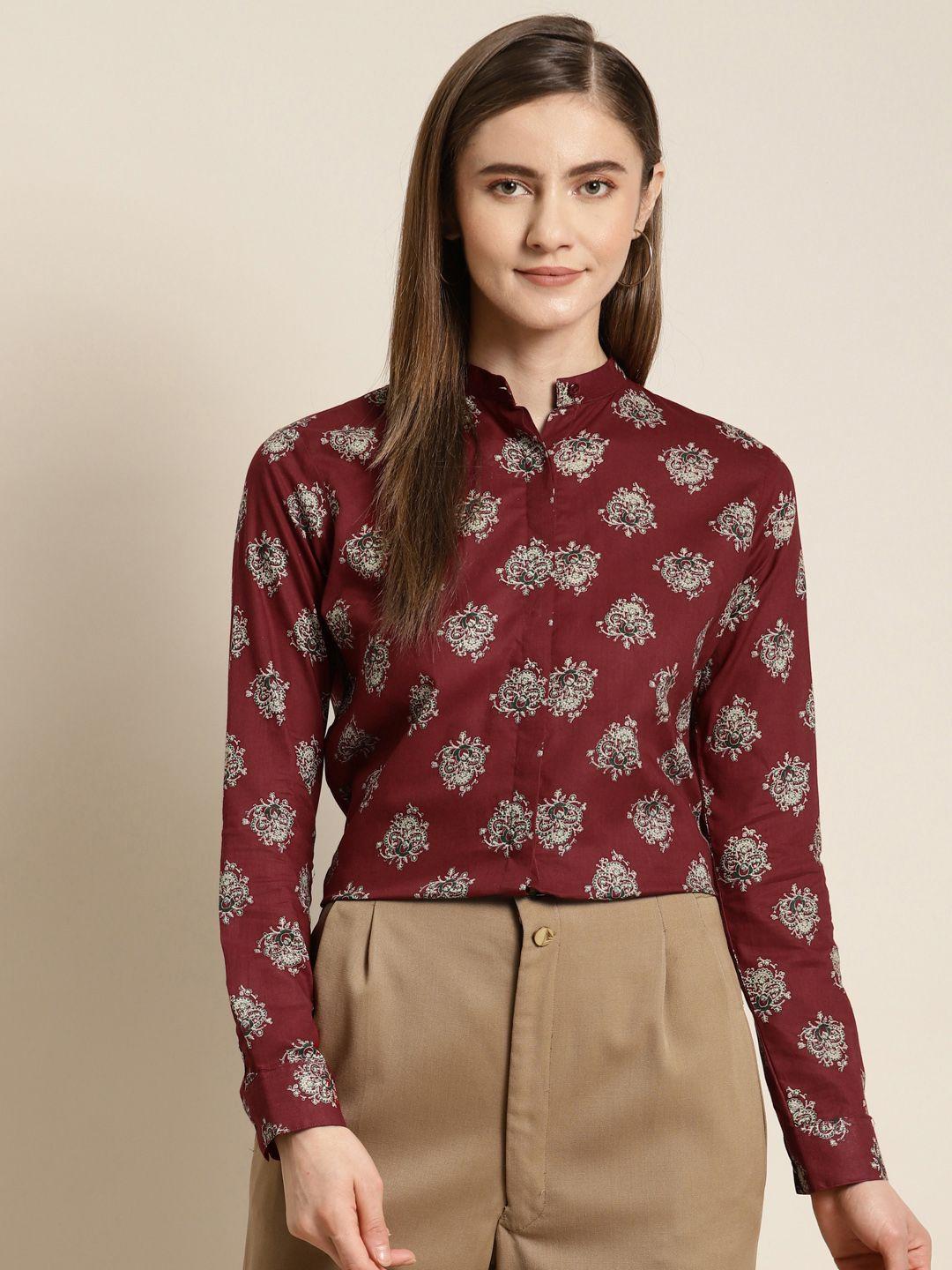 hancock women maroon ethnic motifs printed regular fit pure cotton formal shirt