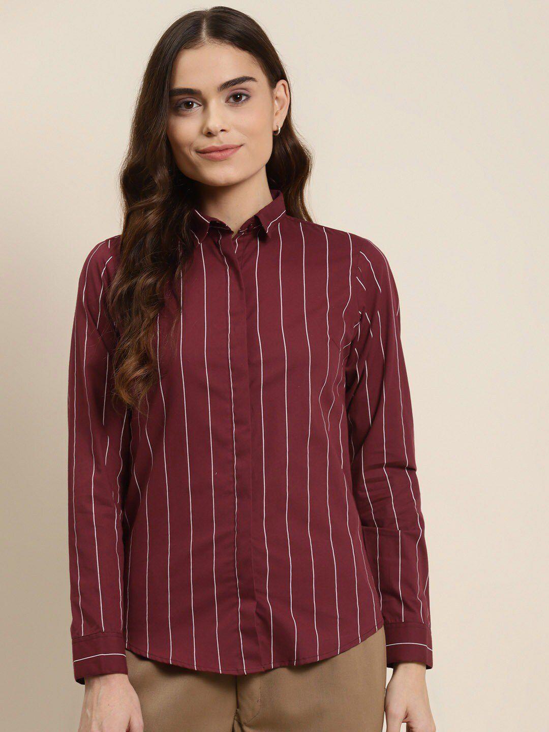 hancock women maroon slim fit striped formal shirt