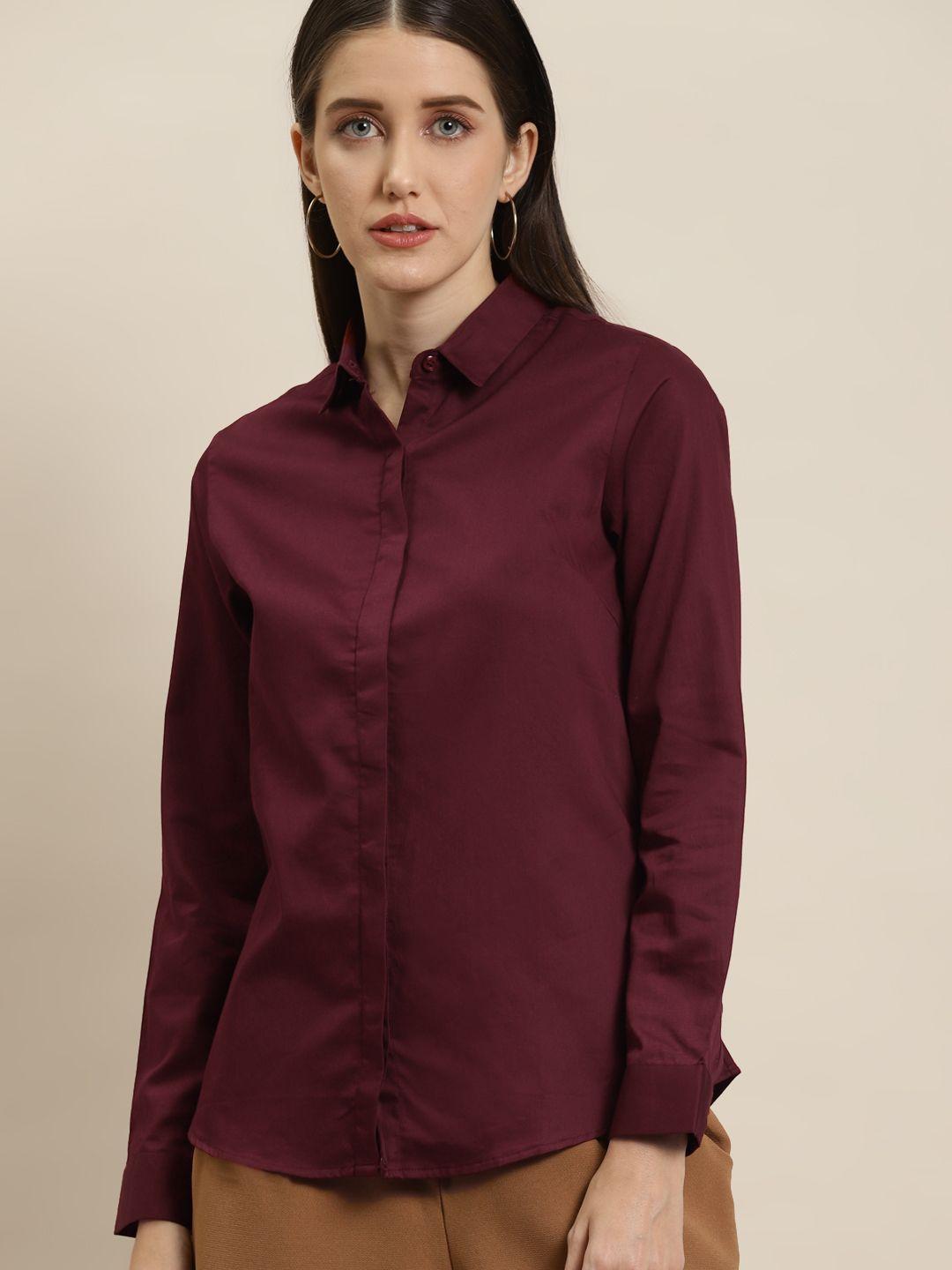 hancock women maroon solid slim fit formal shirt