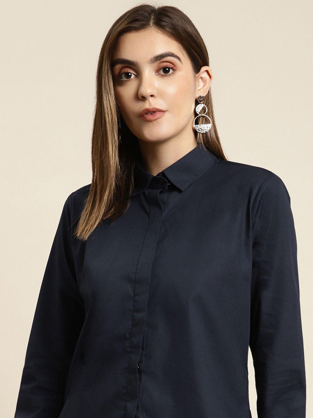 hancock women navy blue regular fit formal shirt