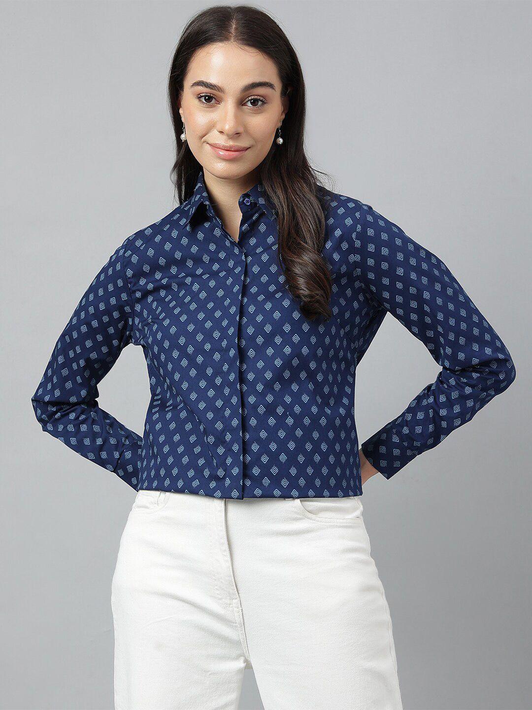 hancock women navy blue relaxed opaque printed formal shirt