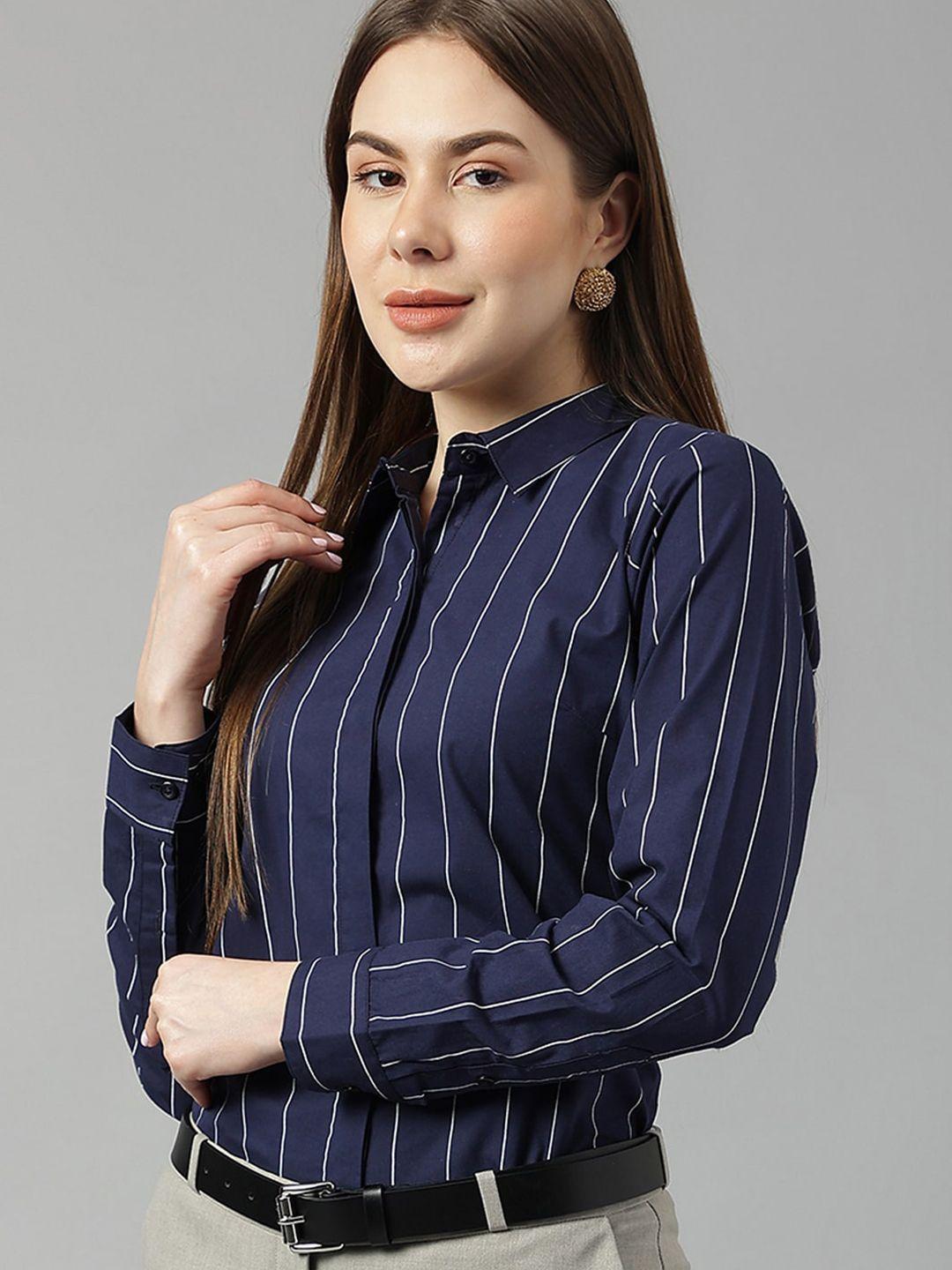 hancock women navy blue sharp slim fit striped formal shirt