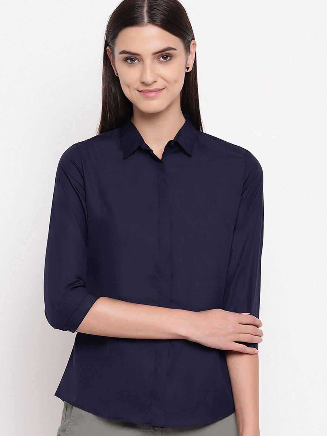 hancock women navy blue standard slim fit formal cotton shirt