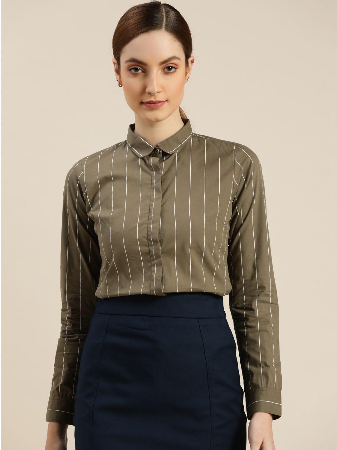 hancock women olive green slim fit opaque striped pure cotton formal shirt