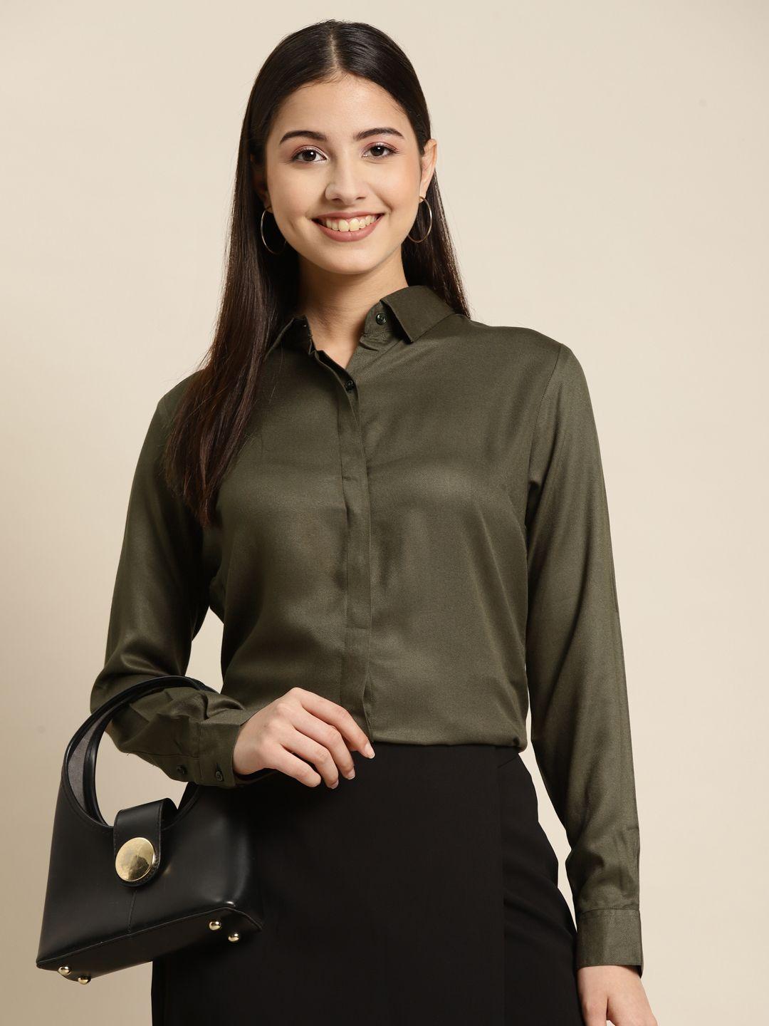 hancock women olive green solid regular fit formal shirt