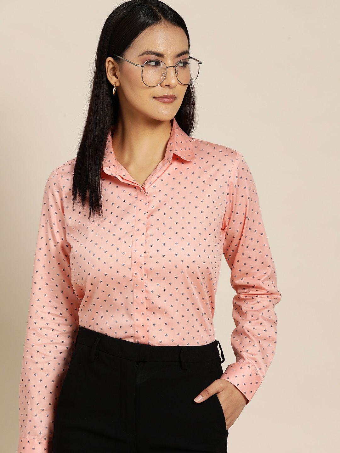 hancock women pink & blue ethnic motifs print regular fit formal shirt