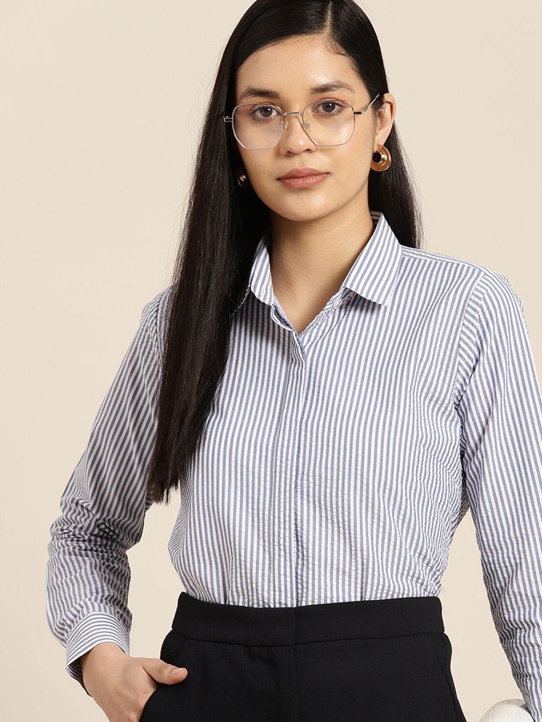 hancock women premium pinstripes seersucker relaxed regular fit pure cotton formal shirt