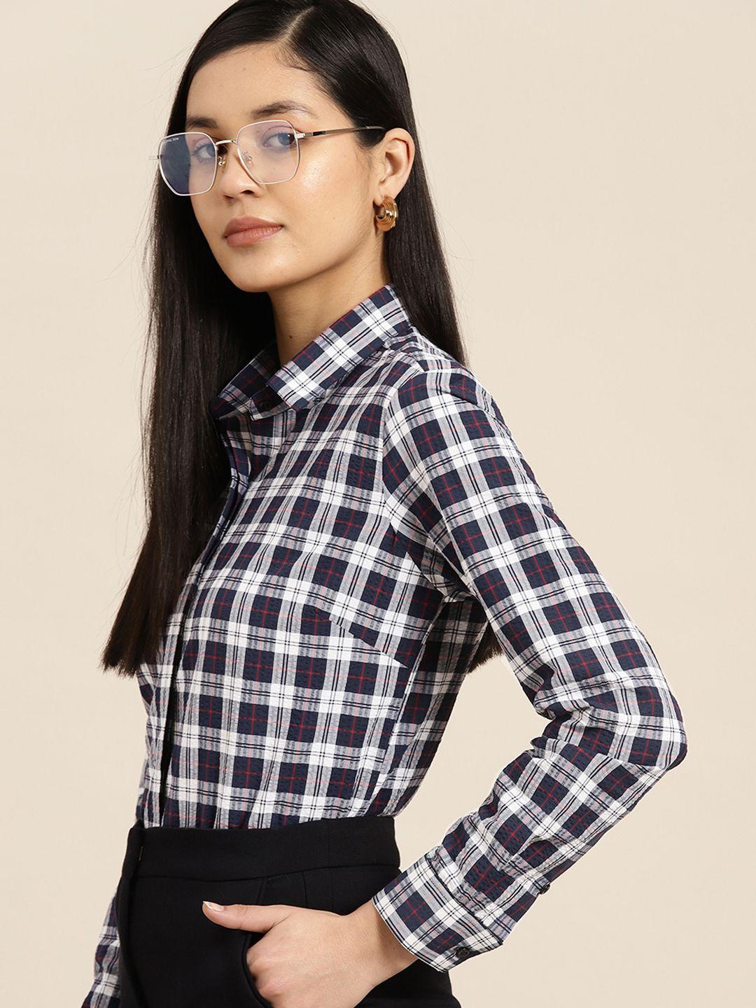 hancock women premium tartan checked formal seersucker cotton shirt