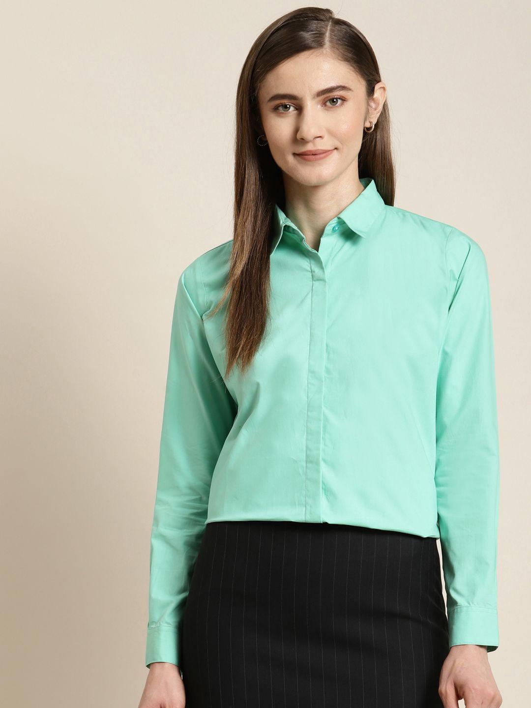 hancock women sea green solid regular fit pure cotton  formal shirt