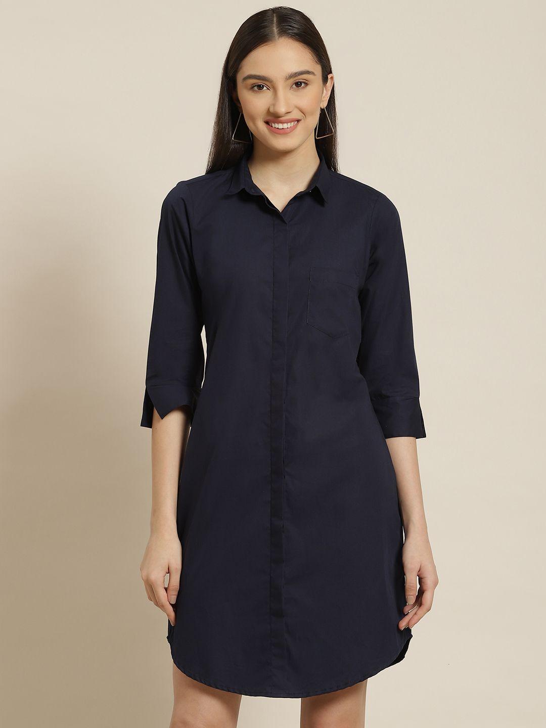 hancock women solid navy blue pure cotton formal shirt dress