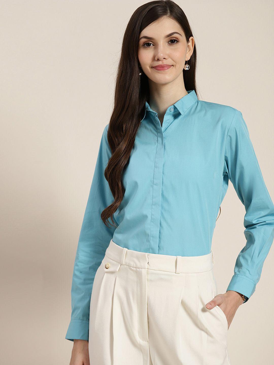 hancock women turquoise blue solid regular fit pure cotton formal shirt