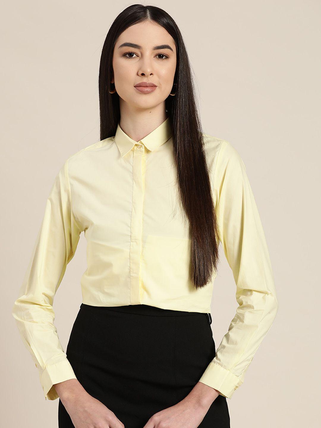 hancock women yellow solid pure cotton slim fit formal shirt