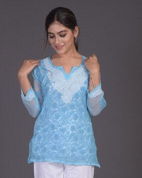 hand embroidered lucknowi chikankari georgette short top with slip