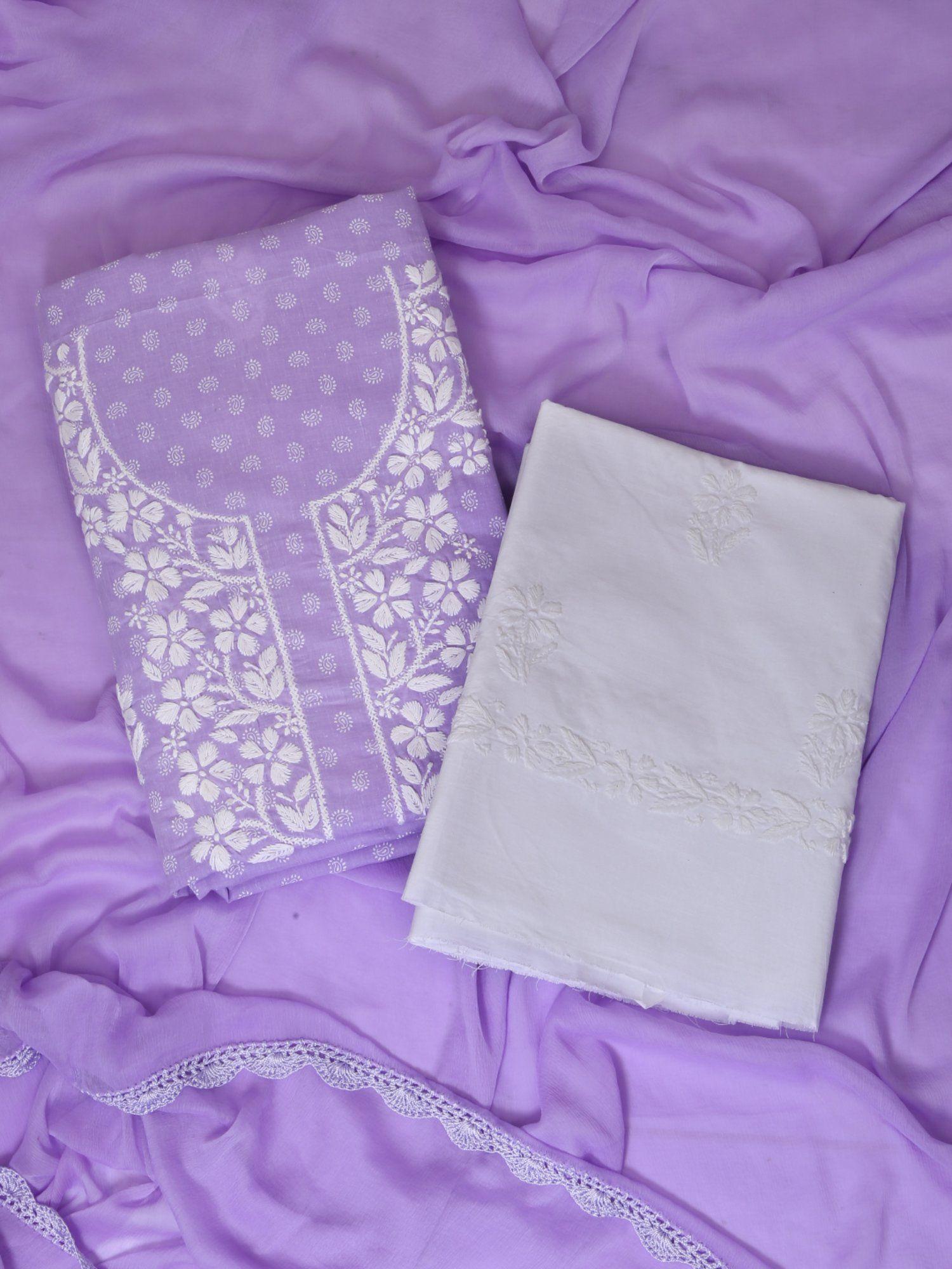 hand embroidered lucknowi chikankari mauve/white cotton unstiched dress material