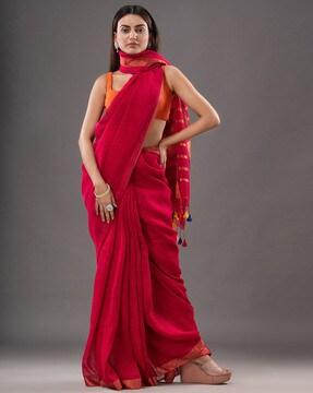 hand woven saree with tassels & unstitched blouse piece