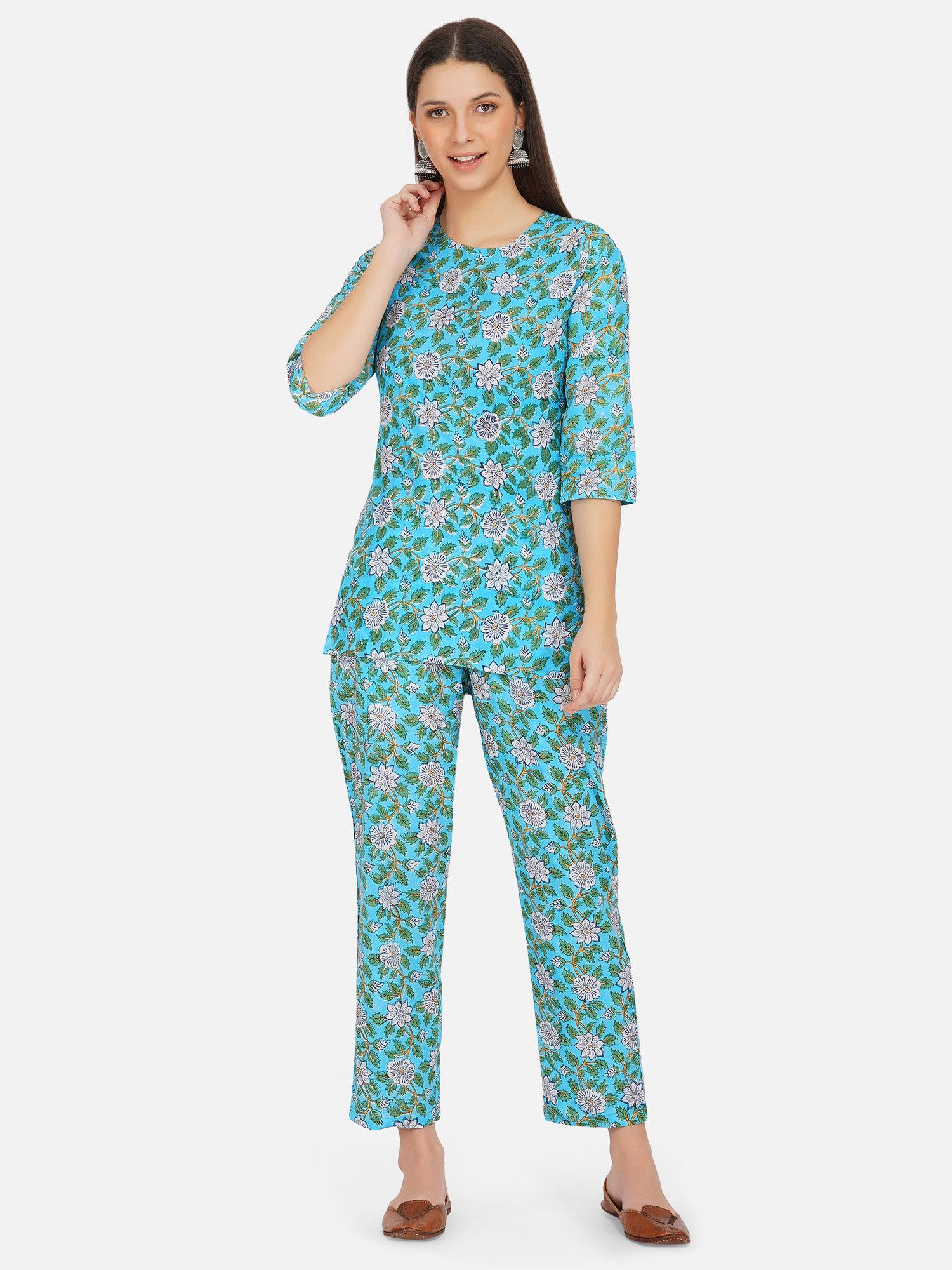 hand block print blue floral lounge wear coord (set of 2)