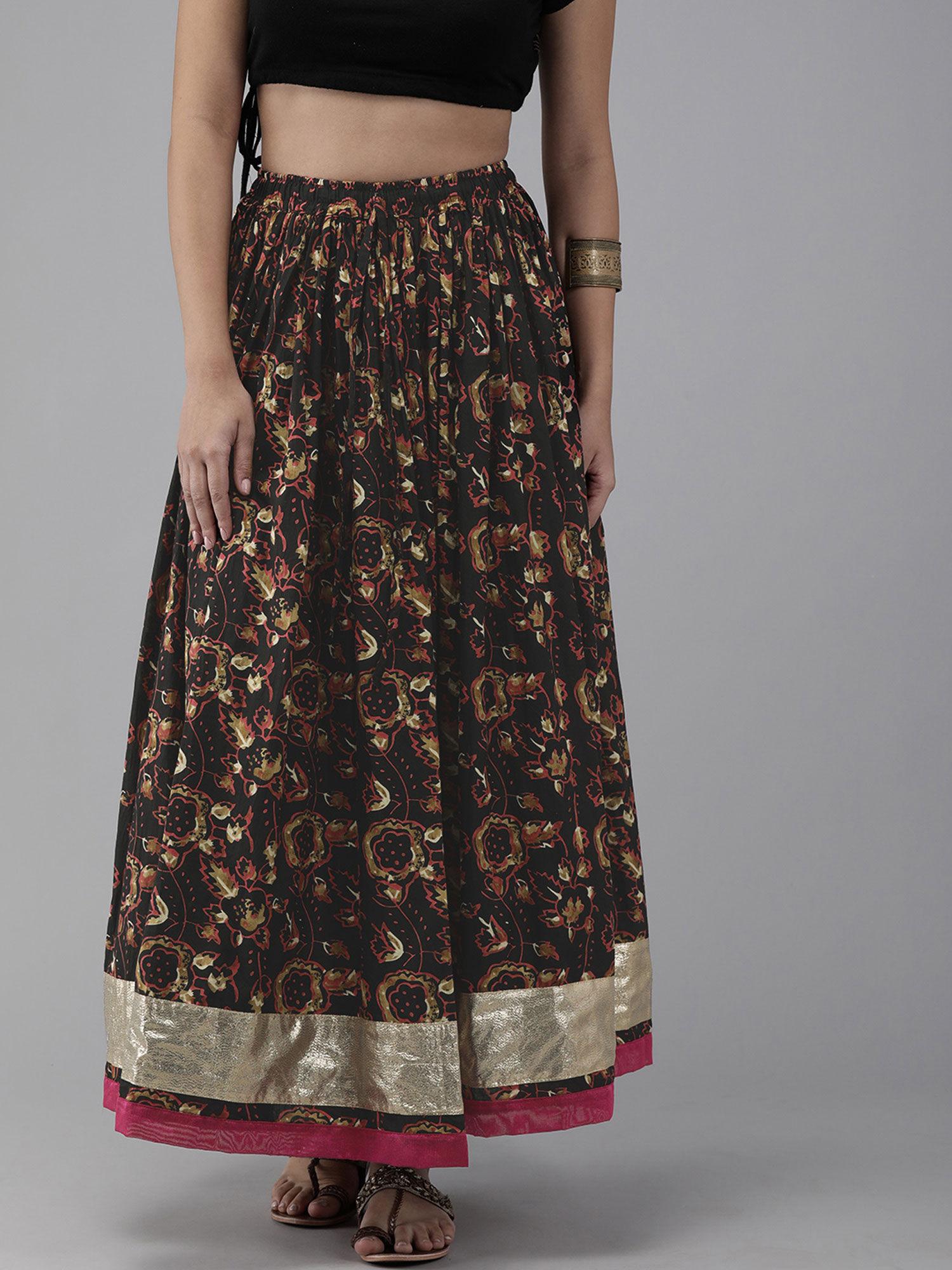 hand block printed black long cotton skirt