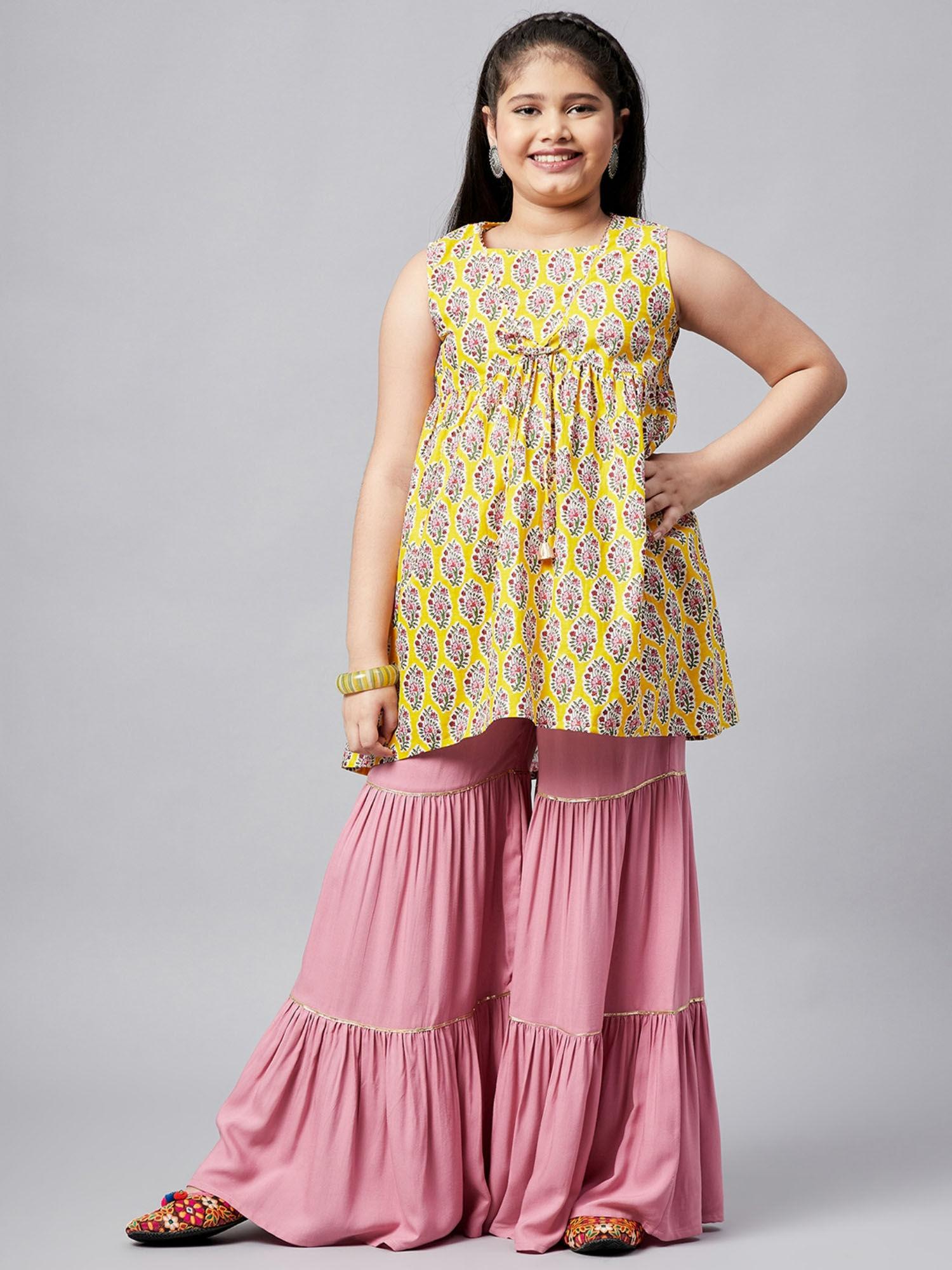hand block printed round neck layered ethnic wear kurti set -yellow (set of 2)