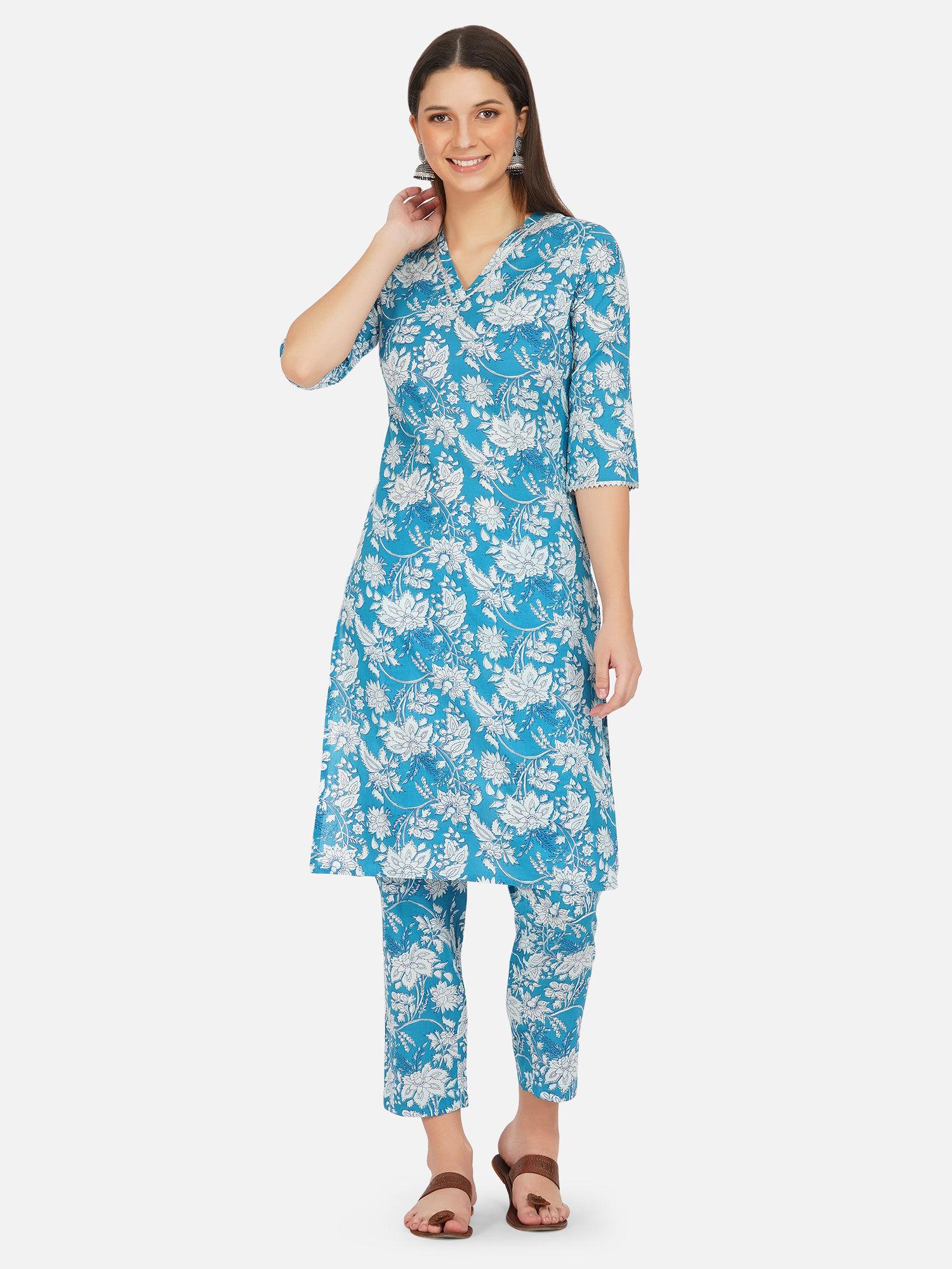 hand blocked blue floral print straight kurta and pant with silver gota (set of 2)