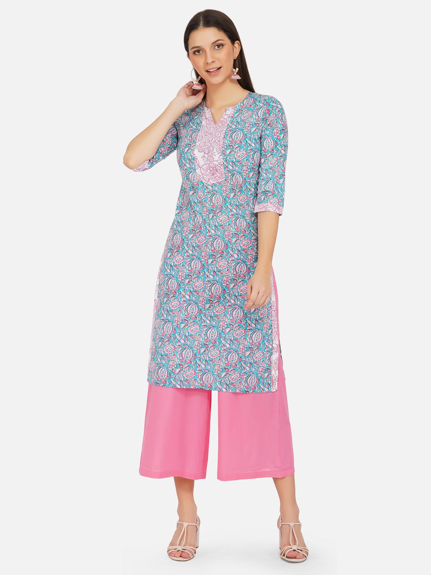 hand blocked blue printed straight kurta with pink plazzo (set of 2)