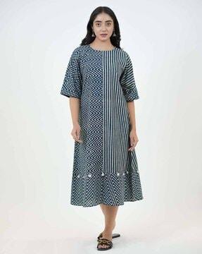 hand-dyed indigo handblock print ajrak cotton dress