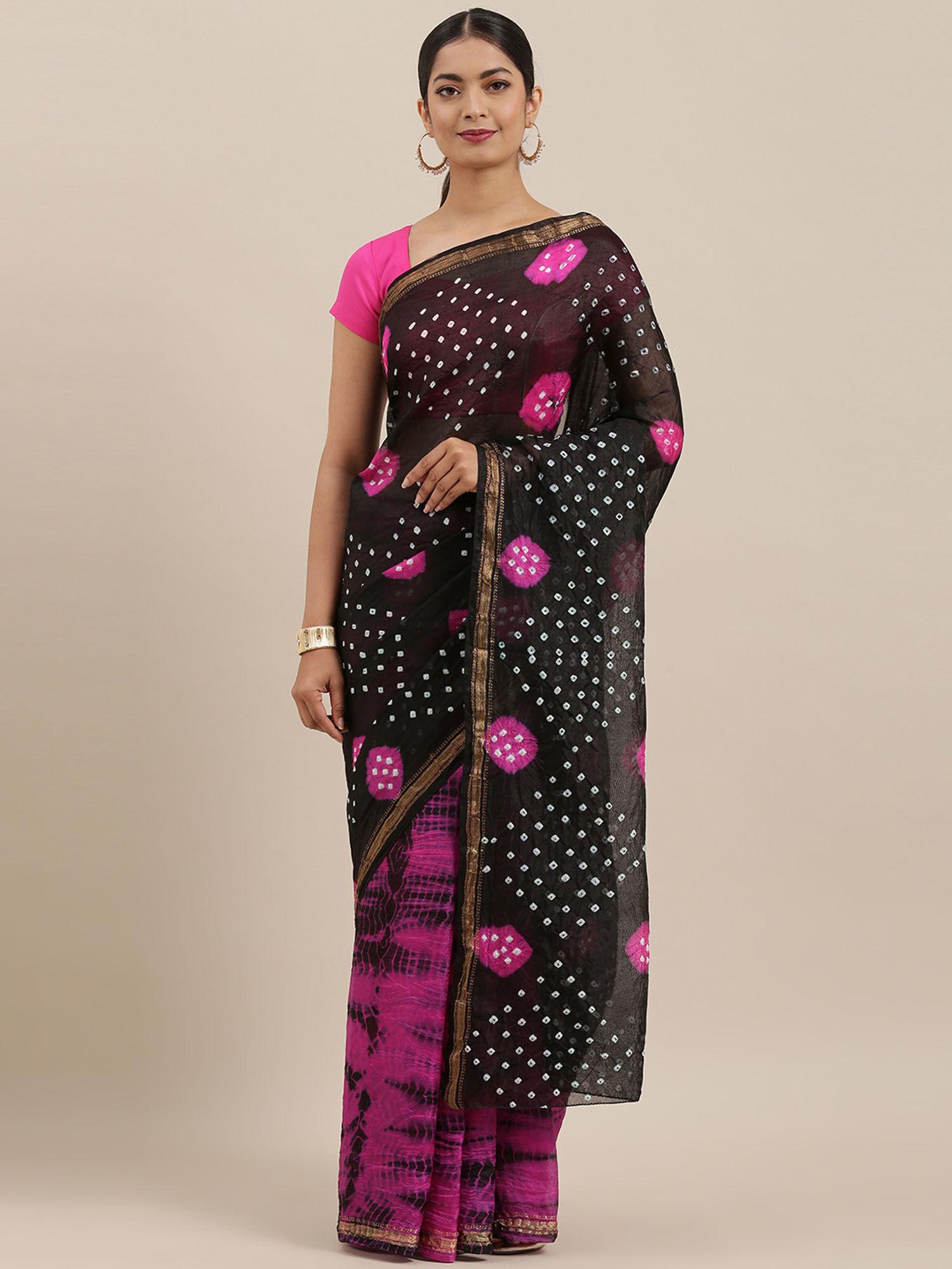 hand dyed pink & black bandhani kota silk sareee