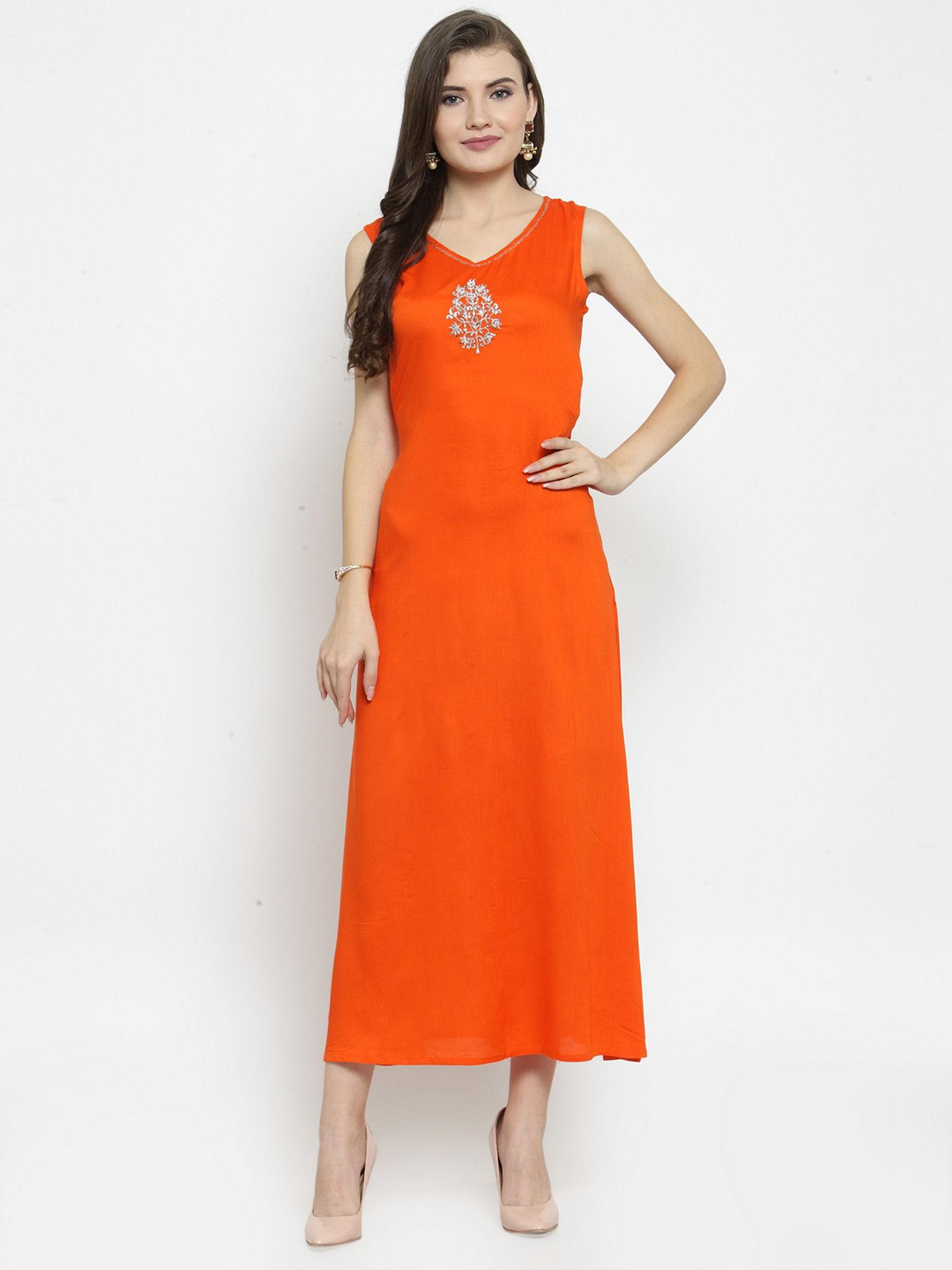 hand embellished orange rayon maxi dress