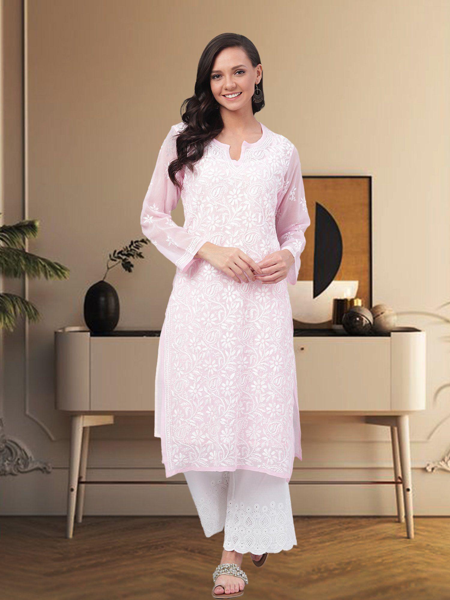 hand embroidered baby pink georgette lucknow chikan kurta with slip [a90410]