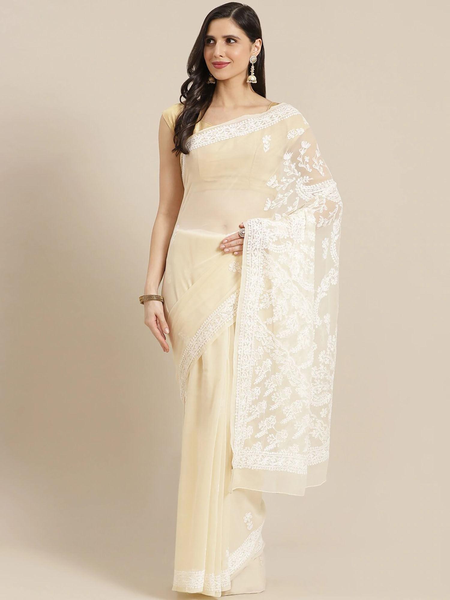 hand embroidered beige georgette lucknow chikan saree with unstitched blouse (a130223)