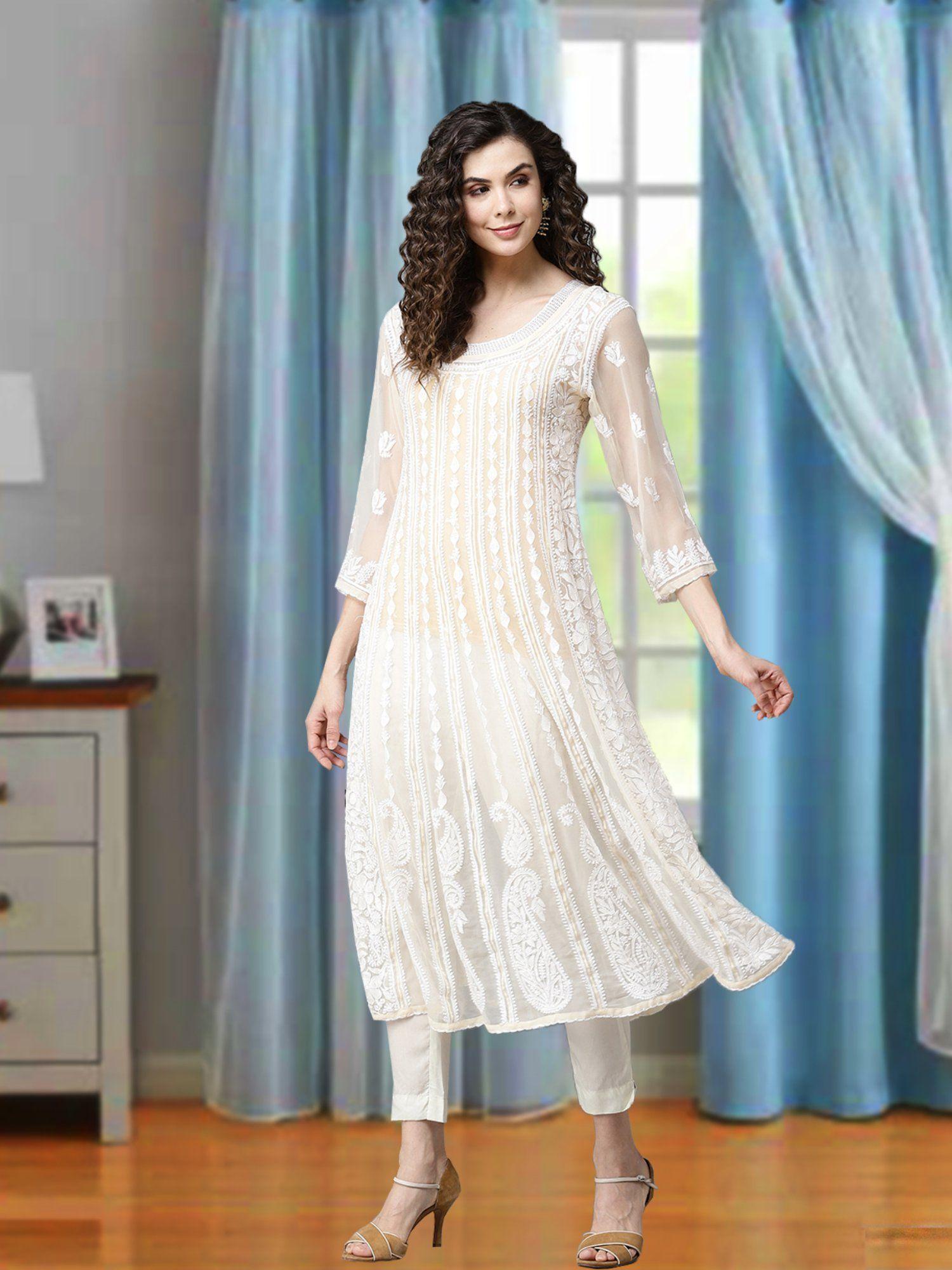 hand embroidered beige georgette lucknow chikankari anarkali kurta (xs) (a411201)