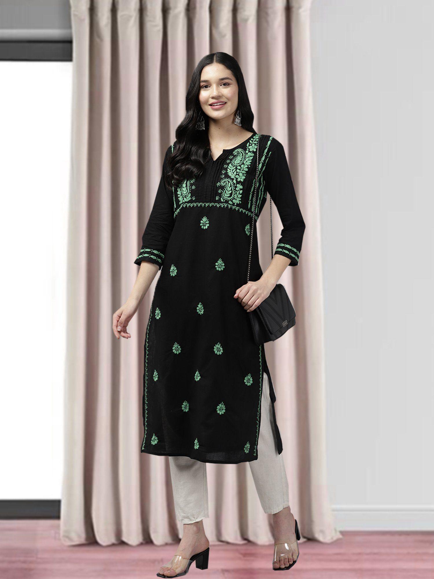 hand embroidered black/green cotton lucknowi stylish chikankari kurta