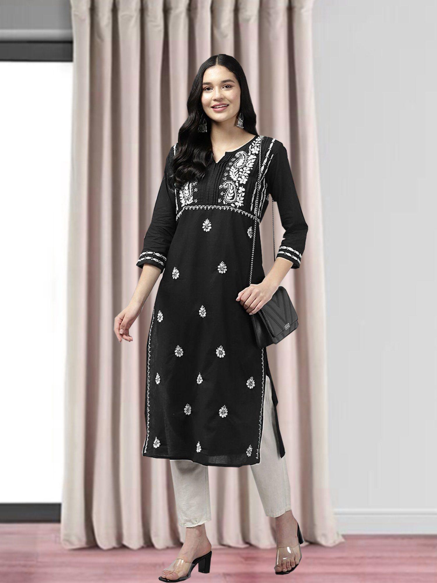 hand embroidered black/white cotton lucknowi stylish chikankari kurta