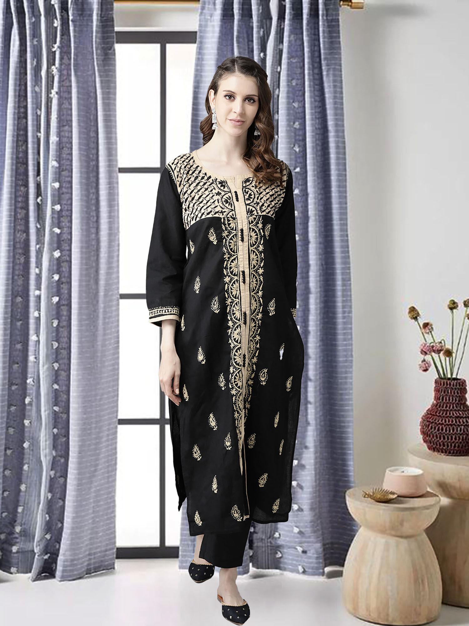 hand embroidered black & fawn lucknowi chikankari cotton kurta