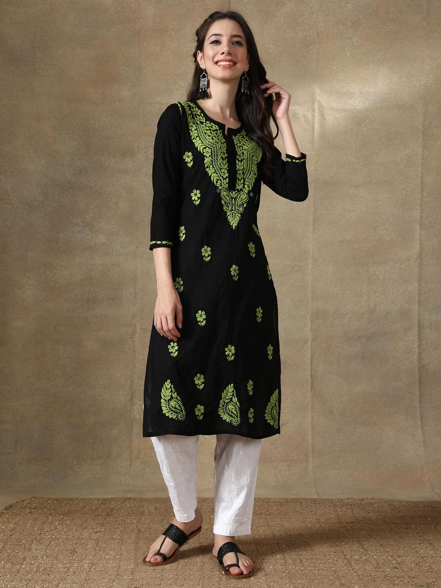 hand embroidered black & green cotton lucknowi chikankari kurta